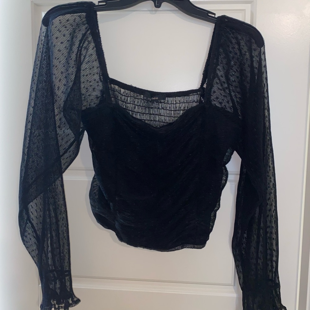 Black long sleeve vet crop top with sheer sleeves.